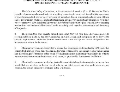 Richtlijnen voor inspecties van luikdeksels voor bulkcarriers en inspecties en onderhoud van de eigenaar