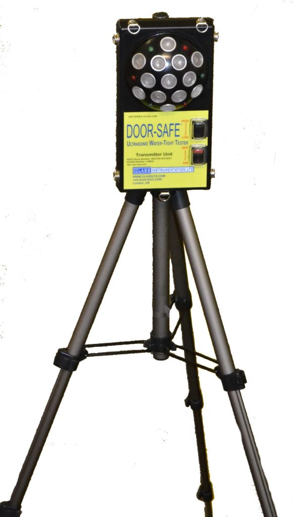 Door-Safe transmitter on tripod (1) Marine surveyor using the CARGO-SAFE PLUS to test a watertight door on a vessel